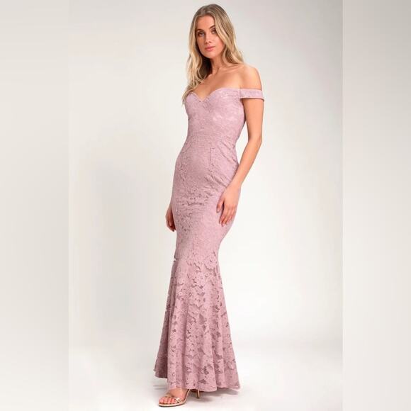 NWT Lulus Swept Up Maeve Pink Lace Off-the-Shoulder Mermaid Maxi Dress Medium - Picture 12 of 16